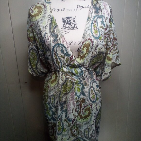 Paper Tee Blouse XL V-Neck Sheer Paisley Green Brown Blue - Picture 1 of 13